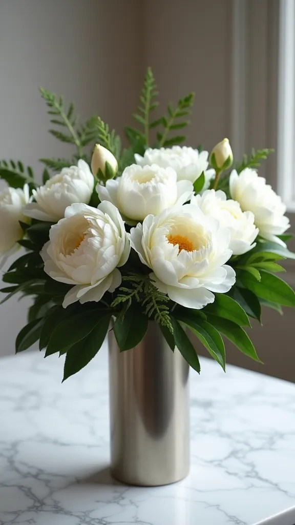 8 Stunning Preserved Flower Arrangements That Will Wow Your Valentine! - 1. Elegant White Peonies with Greenery Accents